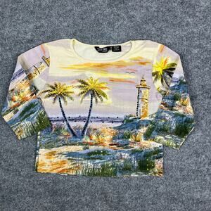 Take Two Top Womens Size PL Multicolor Palm Tree Lighthouse Beach Scene Tee
